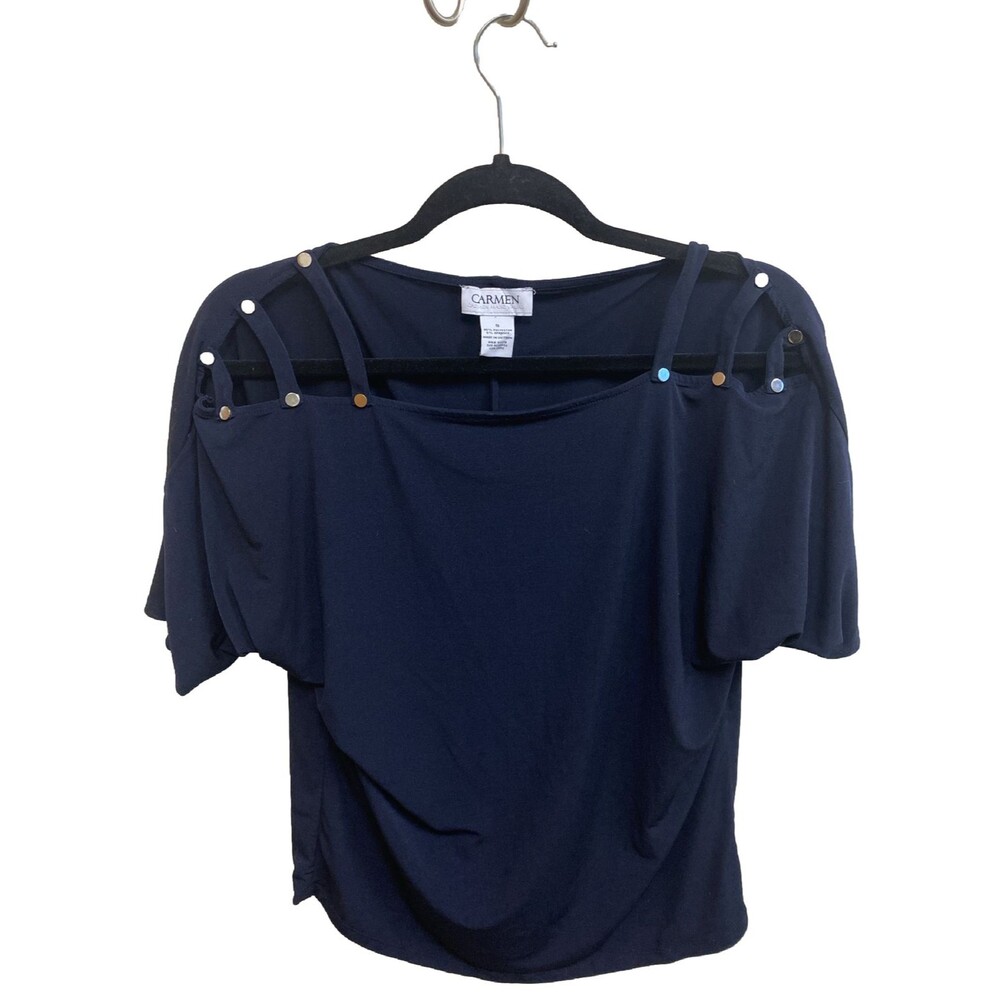 Carmen Marc Valvo Navy Blue Cold Shoulder tunic SHIRT top size s - Picture 1 of 6